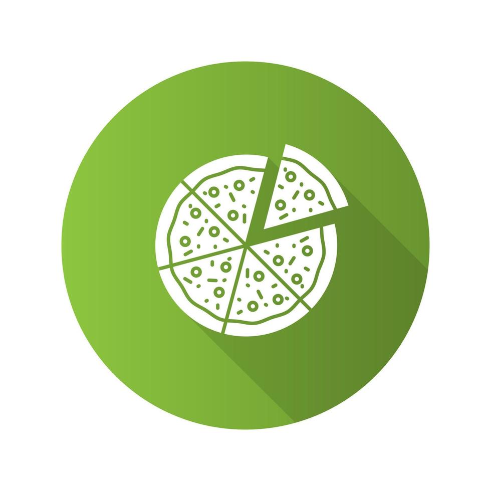 pizza con una rebanada separada diseño plano icono de glifo de sombra larga. ilustración de silueta vectorial vector