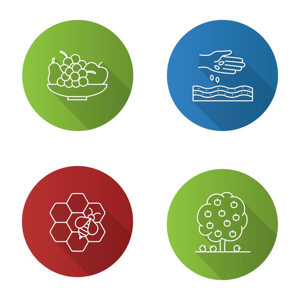 Agriculture flat linear long shadow icons set. Farming. Bowl with fruits, sowing, beekeeping, fruit tree. Vector outline illustration