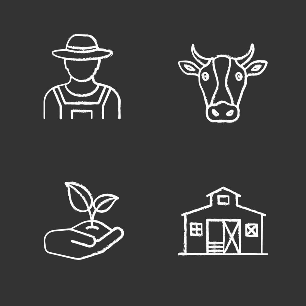 conjunto de iconos de tiza de agricultura. granjero, cabeza de vaca, brote en la mano, construcción de granero. ilustración de pizarra de vector aislado