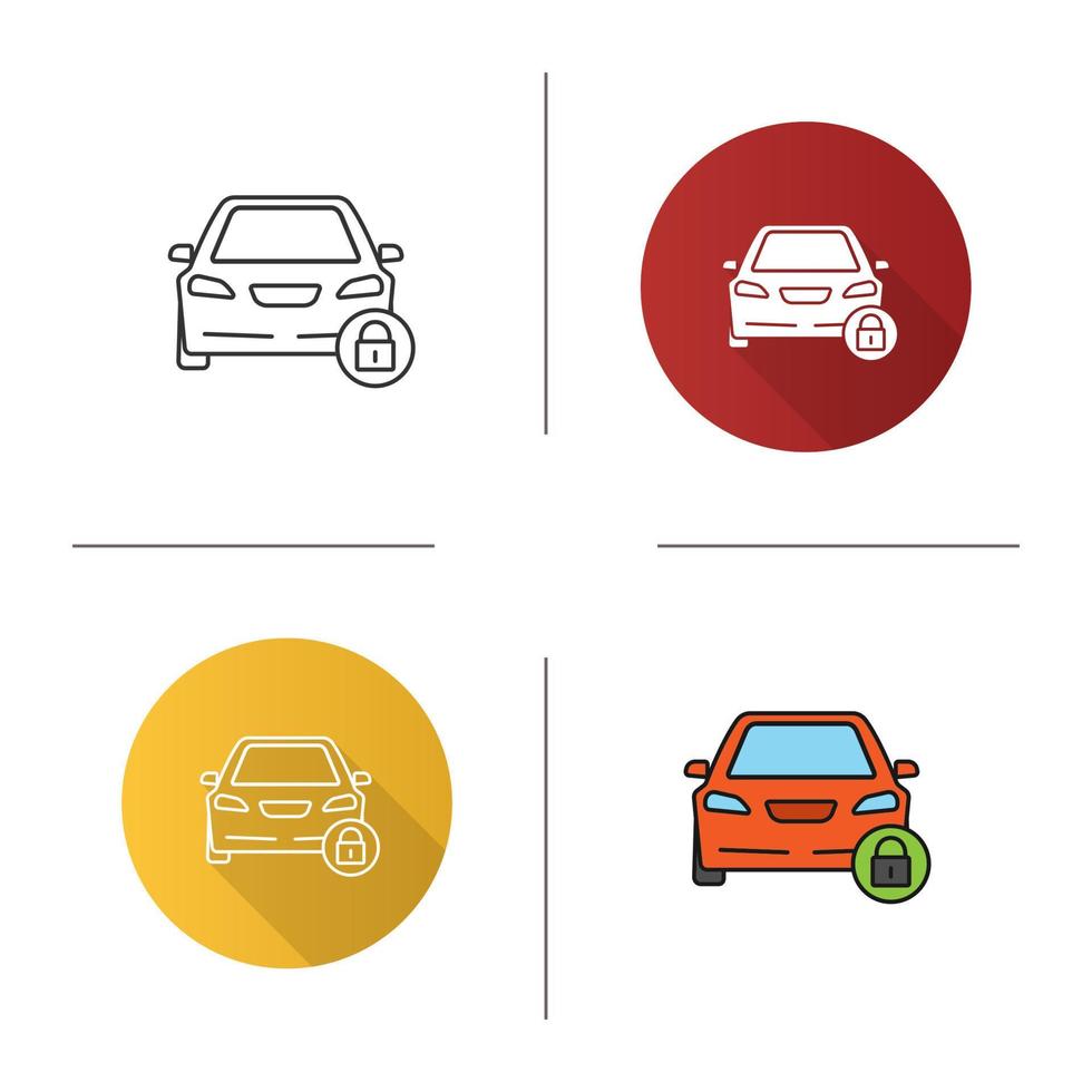 Locked car icon. Flat design, linear and color styles. Automobile with padlock. Isolated vector illustrations