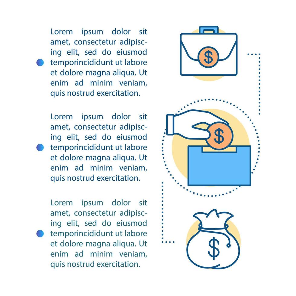 Funding article page vector template. Ways to attract investment. Brochure, magazine, booklet design element with linear icons and text boxes. Print design. Concept illustrations with text space