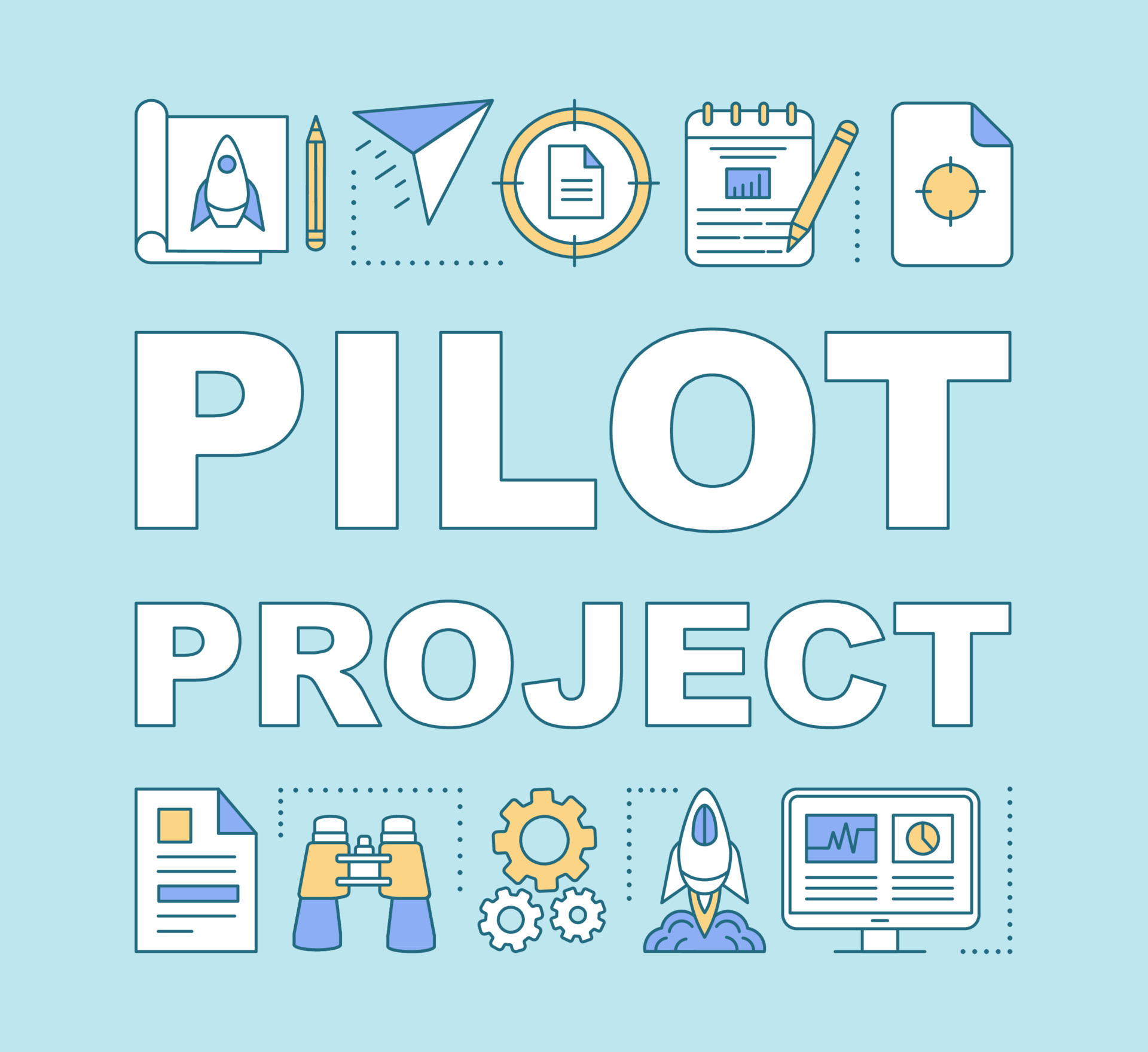Pilot project word concepts banner. MVP launch. Business start