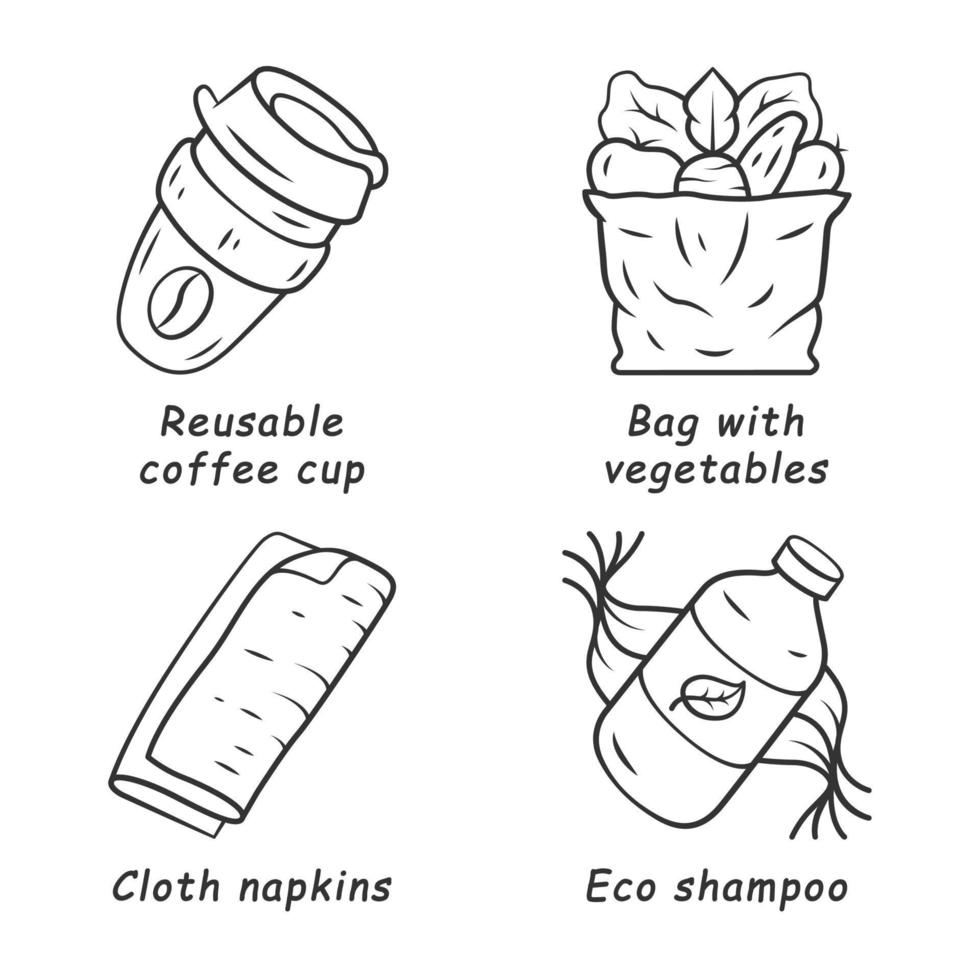 Zero waste swaps handmade linear icons set. Eco friendly materials. Reusable coffee cup, eco shampoo, cloth napkins. Thin line contour symbols. Isolated vector outline illustrations. Editable stroke