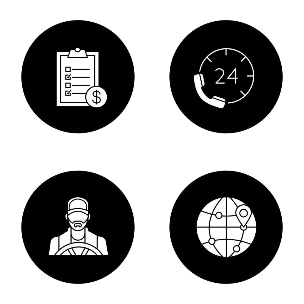 Cargo shipping glyph icons set. Delivery service. Driver, invoice, international route map, hotline. Vector white silhouettes illustrations in black circles