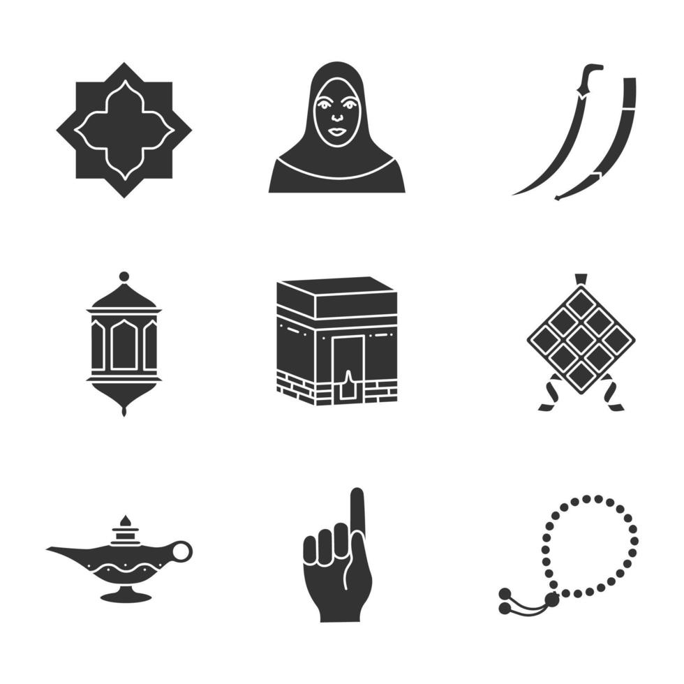 Islamic culture glyph icons set. Islamic star, muslim woman, scimitar sword, lantern, kaaba, ketupat, oil lamp, god gesture, misbaha. Silhouette symbols. Vector isolated illustration