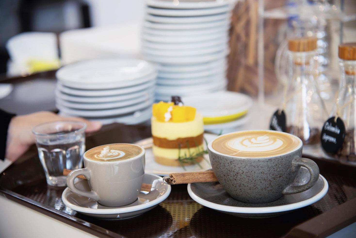 People serve beautiful fresh relax morning coffee cup set - people with coffee set background concept photo