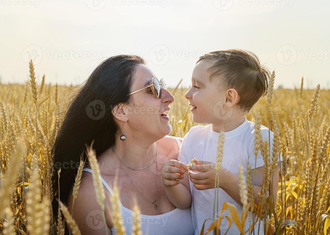 Happy family of mother and infant child walking on wheat field photo