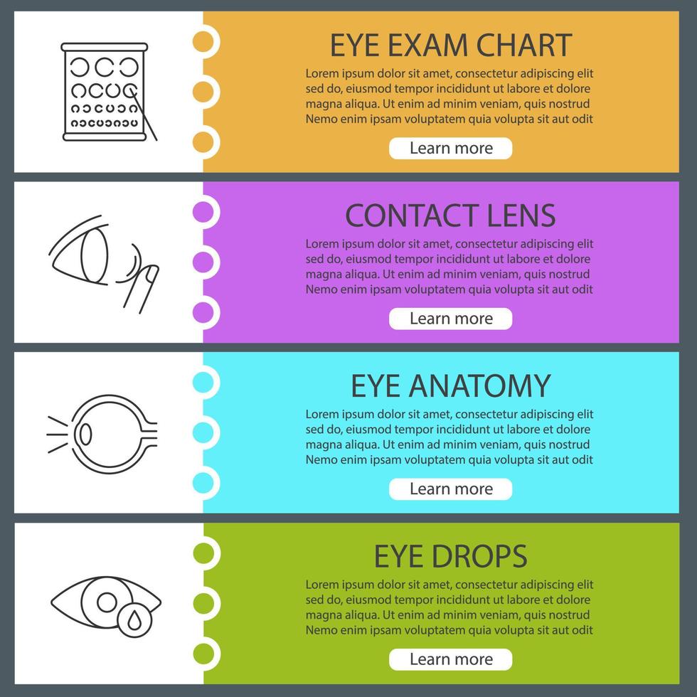 Ophthalmology web banner templates set. Website color menu items with linear icons. Landolt chart, contact lens, eye anatomy, drops. Vector headers design concepts