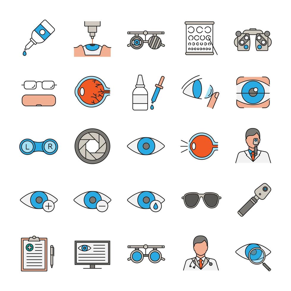 conjunto de iconos de colores de oftalmología. optometría. equipo de examen y tratamiento de la vista. ilustraciones de vectores aislados