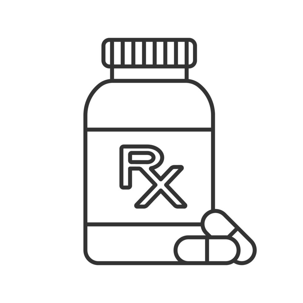 RX pill bottle linear icon. Medications. Medical prescription. Contour symbol. Thin line illustration. Vector isolated outline drawing