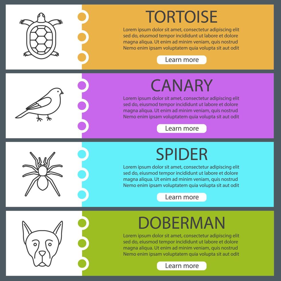Pets web banner templates set. Tortoise, canary, spider, doberman. Website color menu items with linear icons. Vector headers design concepts