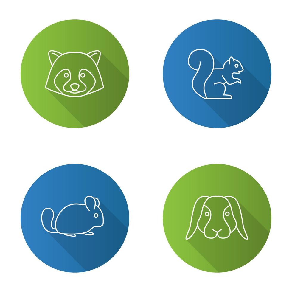 Conjunto de iconos de sombra larga lineal plana para mascotas. mapache, ardilla, chinchilla, conejo. ilustración de contorno vectorial vector