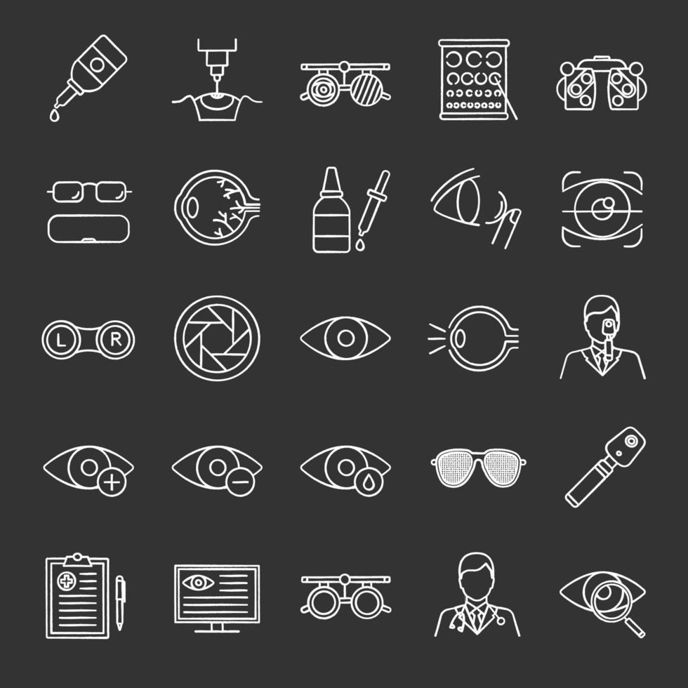 Ophtalmology chalk icons set. Optometry. Vision examination and treatment equipment. Isolated vector chalkboard illustrations