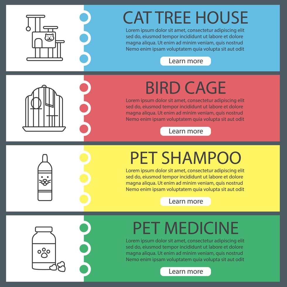 Pets supplies web banner templates set. Cat tree house, bird cage, shampoo bottle, pills. Website color menu items with linear icons. Vector headers design concepts