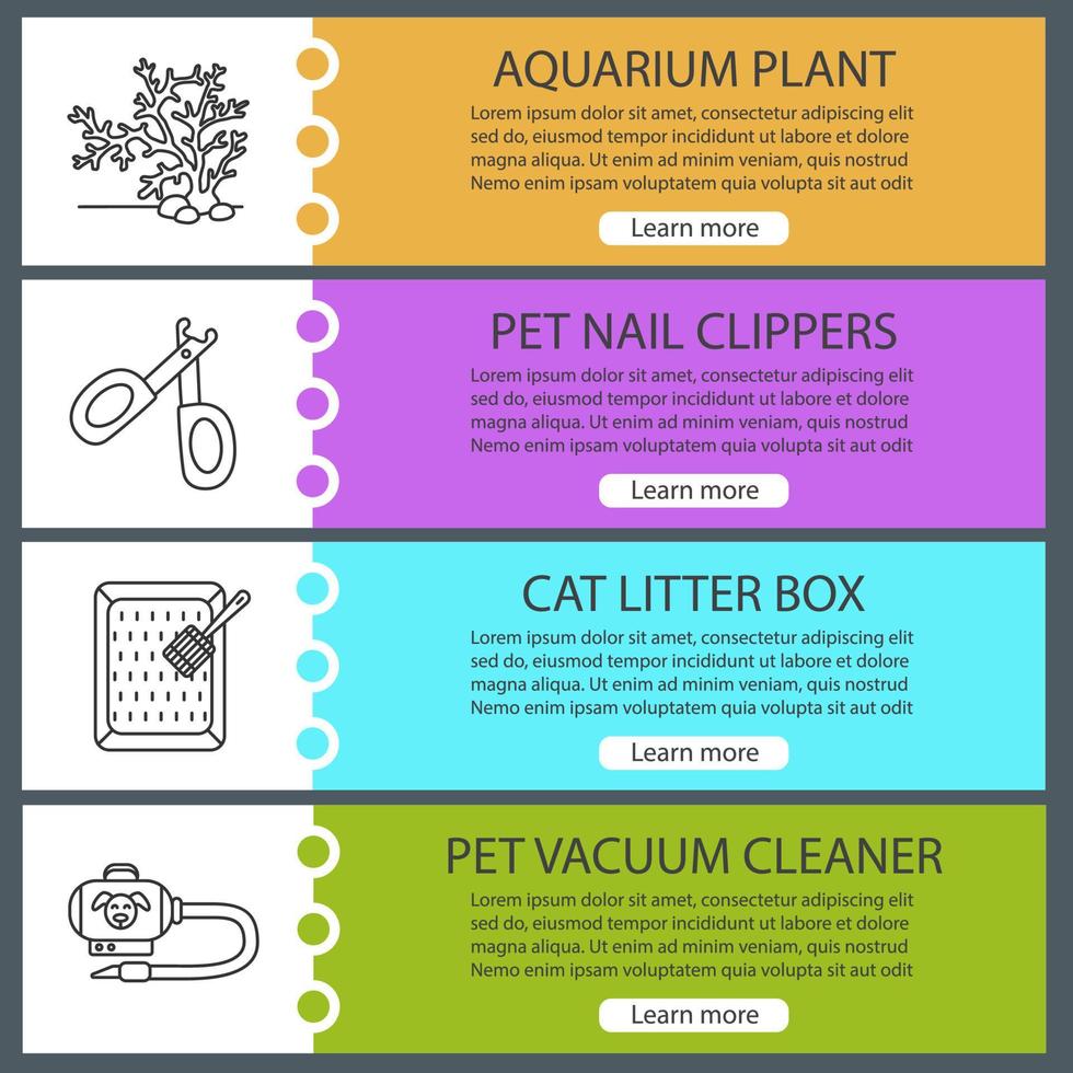 Pets supplies web banner templates set. Aquarium plant, nail clippers, cat litter box, vacuum cleaner. Website color menu items with linear icons. Vector headers design concepts