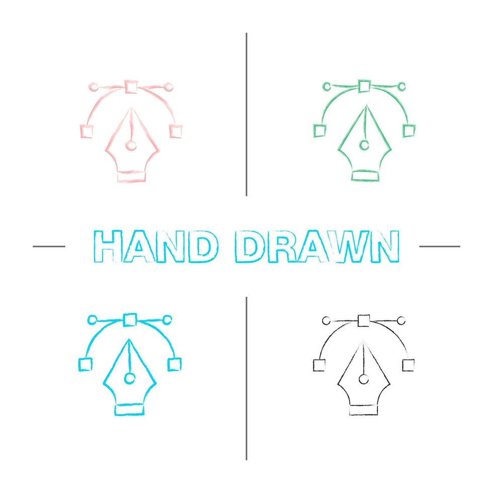 Fountain pen nib hand drawn icons set. Color brush stroke. Computer pen tool. Drawing. Isolated vector sketchy illustrations