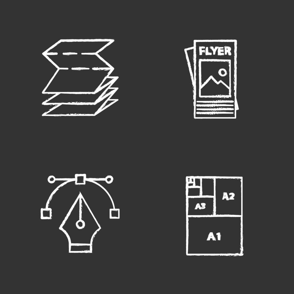 Printing chalk icons set. Polygraphy and typography. Folded brochure, flyer, fountain pen nib, paper sizes. Isolated vector chalkboard illustrations