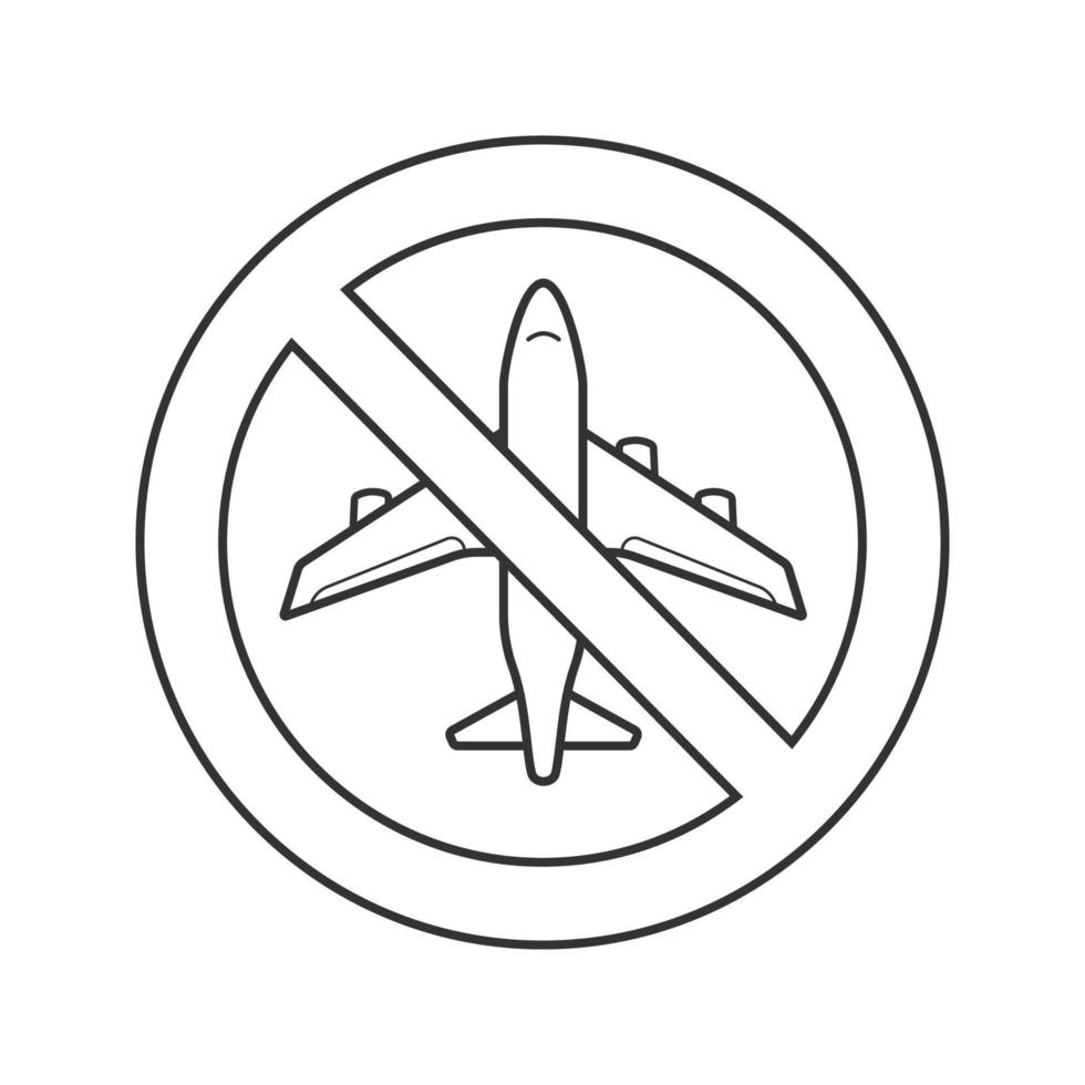 Forbidden sign with airplane linear icon. Thin line illustration. No flying prohibition. Stop contour symbol. Vector isolated outline drawing