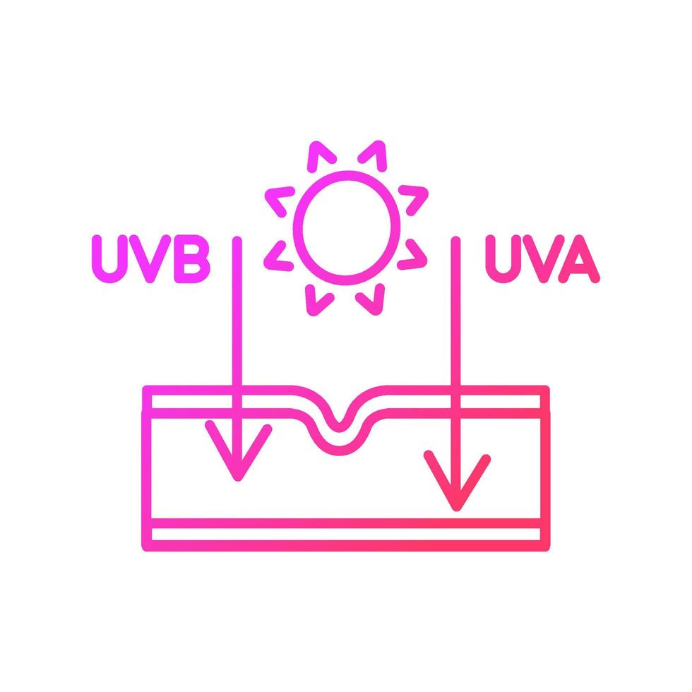 efecto solar en el icono de vector lineal de gradiente de piel. tipos de rayos ultravioleta. daños por exposición al sol. envejecimiento y ardor de la piel. símbolo de color de línea delgada. pictograma de estilo moderno. dibujo de contorno aislado vectorial