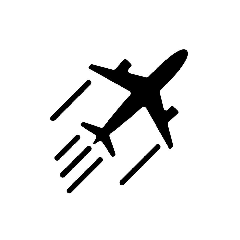 Plane black glyph icon. Commercial and private flight. Jet engine. Landing and departure. Dynamic movement. Silhouette symbol on white space. Solid pictogram. Vector isolated illustration