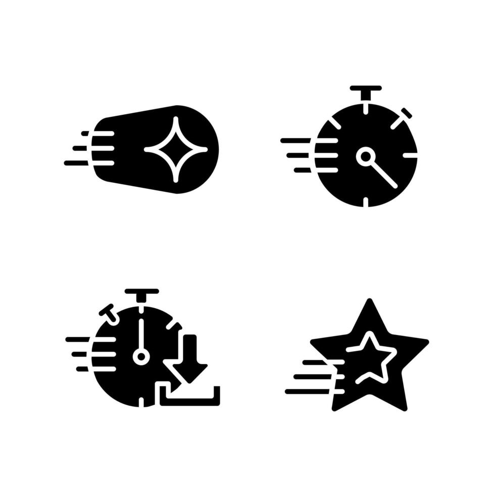 Speed and time black glyph icons set on white space. Shooting star and comet. Stopwatch. Quick download. Dynamic movement. Silhouette symbols. Solid pictogram pack. Vector isolated illustration