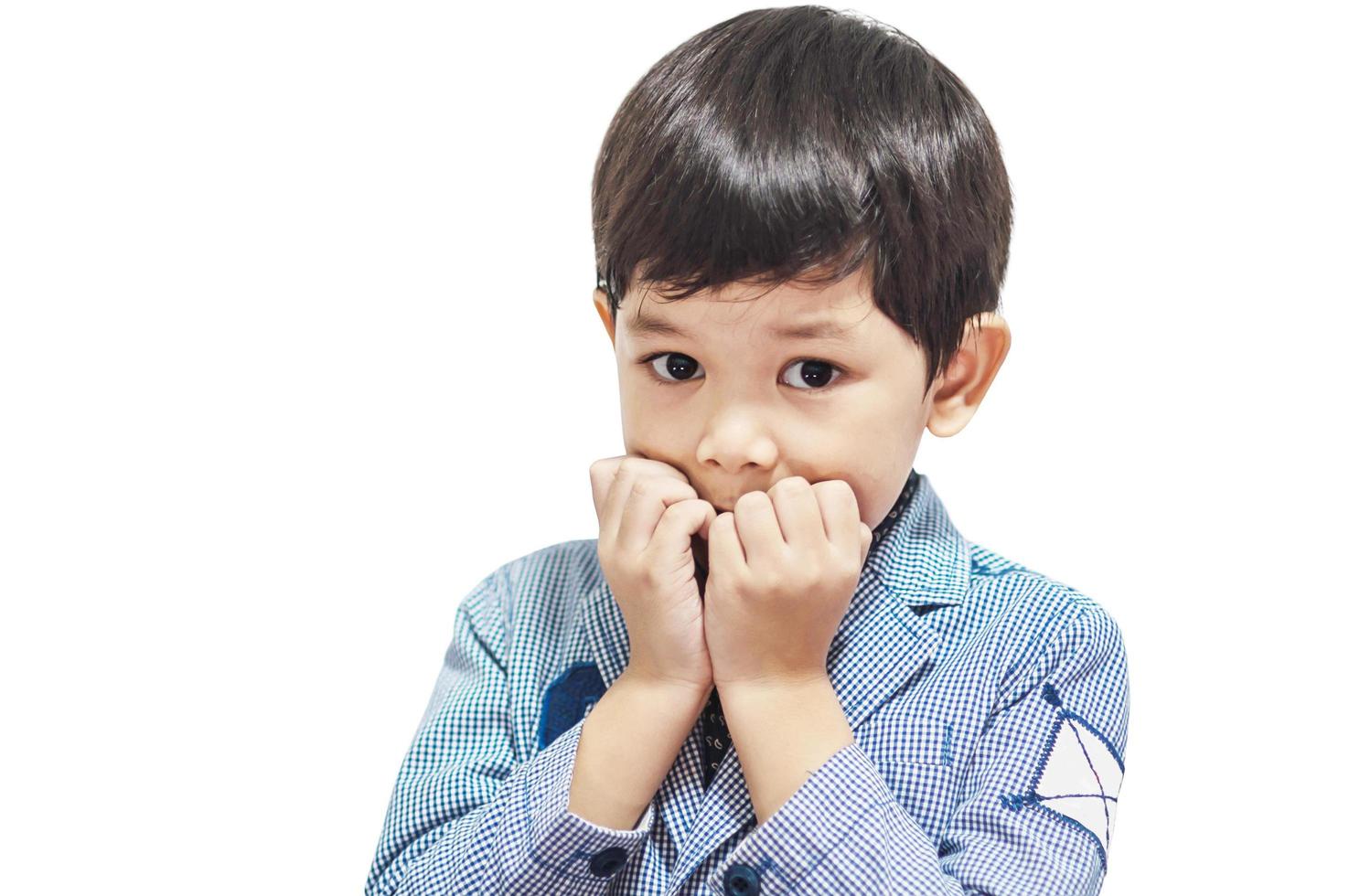 Asian boy is making emotion expression isolated over white photo