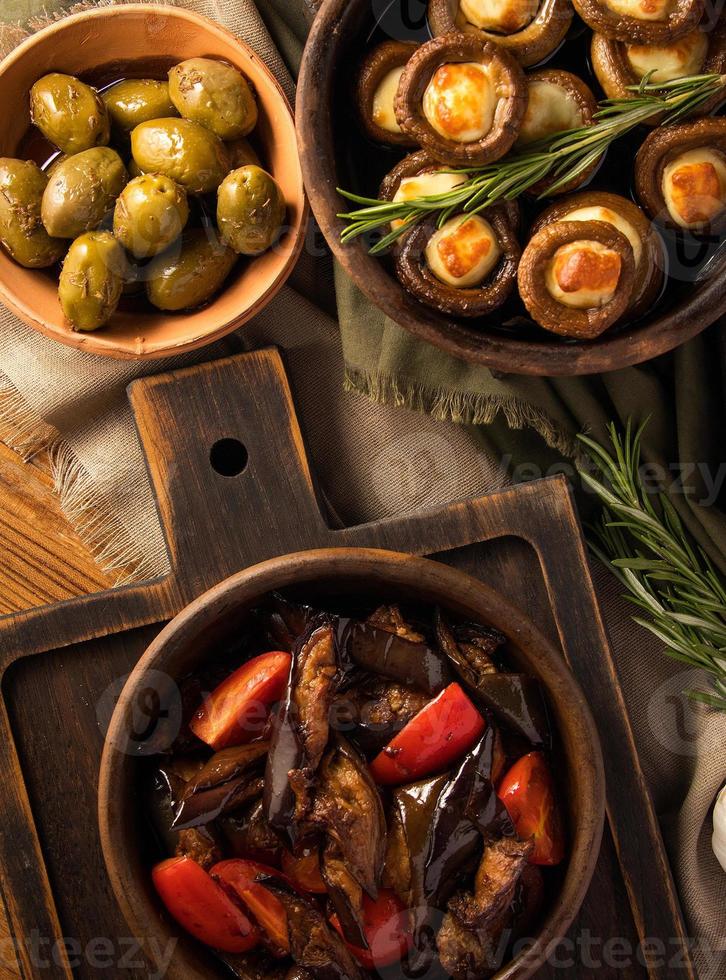 A top view shot of eggplant salads and mushrooms photo