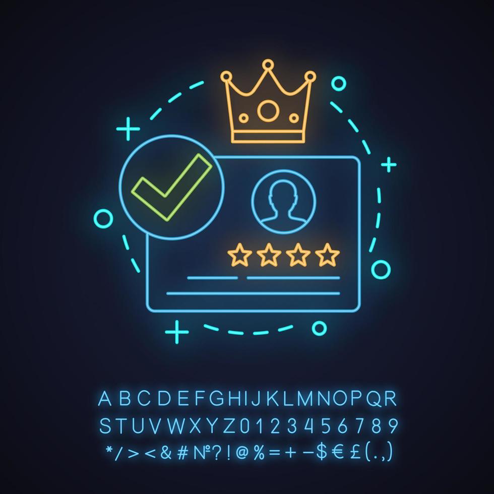 Premium membership neon light concept icon. Subscription idea. Loyalty card. Glowing sign with alphabet, numbers and symbols. Vector isolated illustration