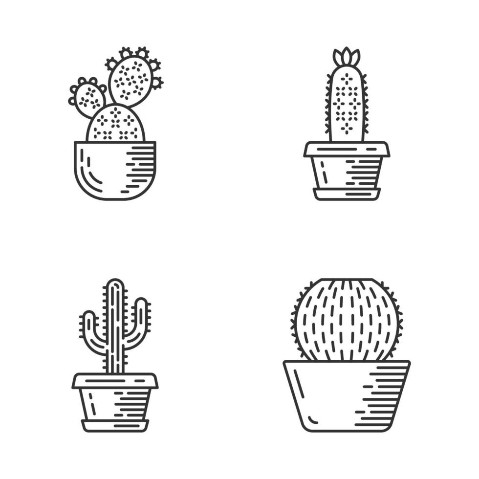 House cacti in pot linear icons set. Succulents. Cacti collection. Prickly pear, hedgehog cactus, saguaro, barrel cactus. Thin line contour symbols. Isolated vector outline icons. Editable stroke