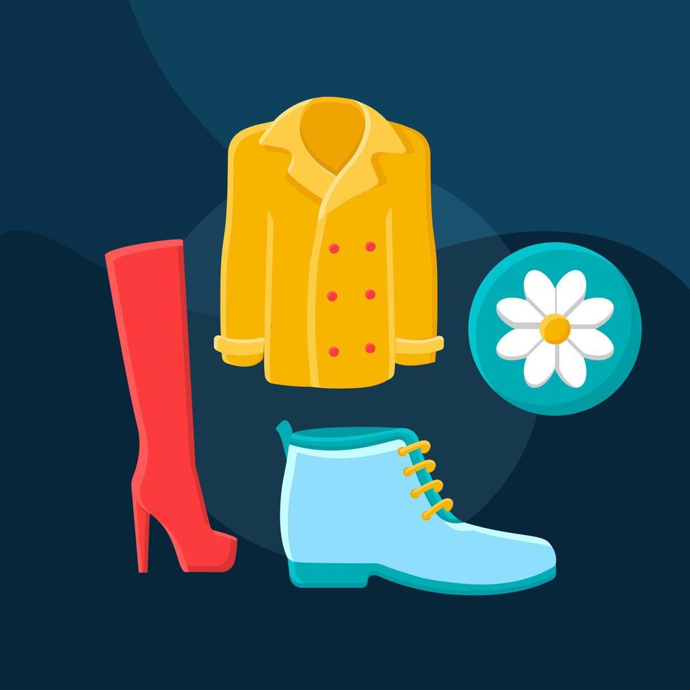 Spring fashion flat concept vector icon. Shopping idea cartoon color illustrations set. Clothing store. Clothes and shoes. Womens outfit. Coat, boots, high heels. Isolated graphic design element