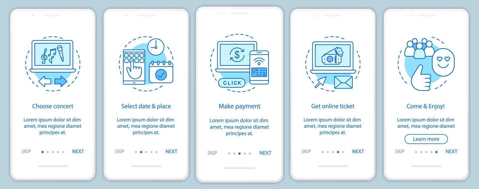Concert onboarding mobile app page screen vector template. Performance online ticket payment. Music event. Walkthrough website steps with linear illustrations. UX, UI, GUI smartphone interface concept