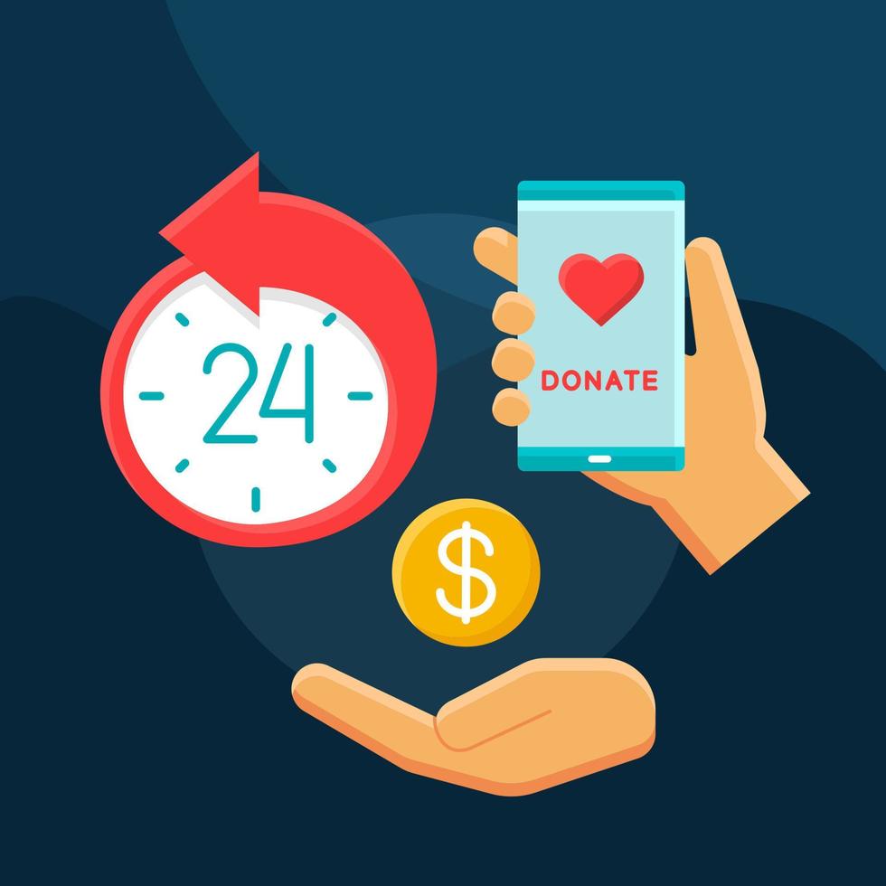 Time of support flat concept vector icon. Donate app idea cartoon color illustrations set. Charity and volunteering. Around the clock help. Isolated graphic design element