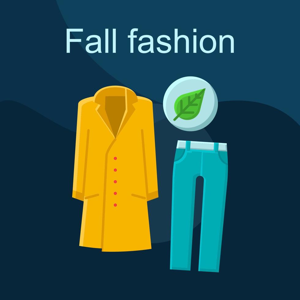 Fall fashion flat concept vector icon. Shopping idea cartoon color illustrations set. Autumn outfit. Clothing store. Womens wear. Warm coat, jacket. Trousers, jeans. Isolated graphic design element