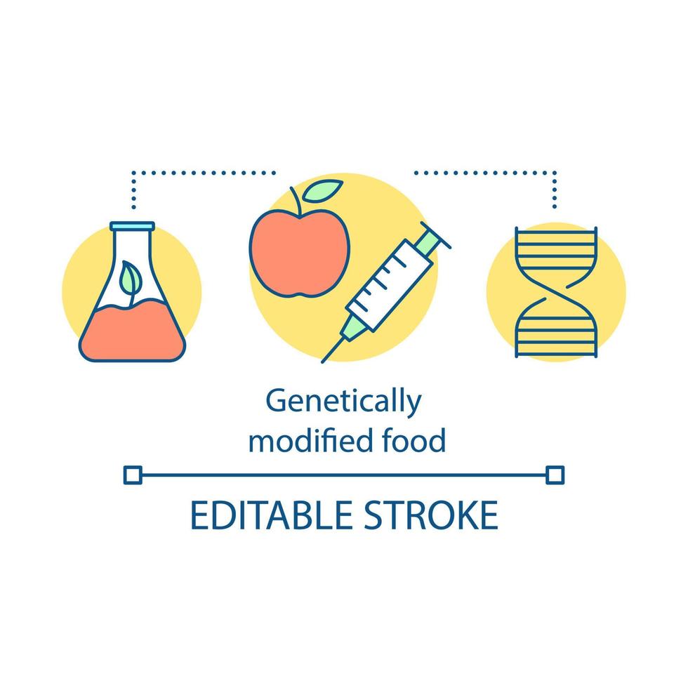 Genetically modified food concept icon. GM products idea thin line illustration. Bioengineering. Biotechnology. Food additives. Vector isolated outline drawing. Edtable stroke