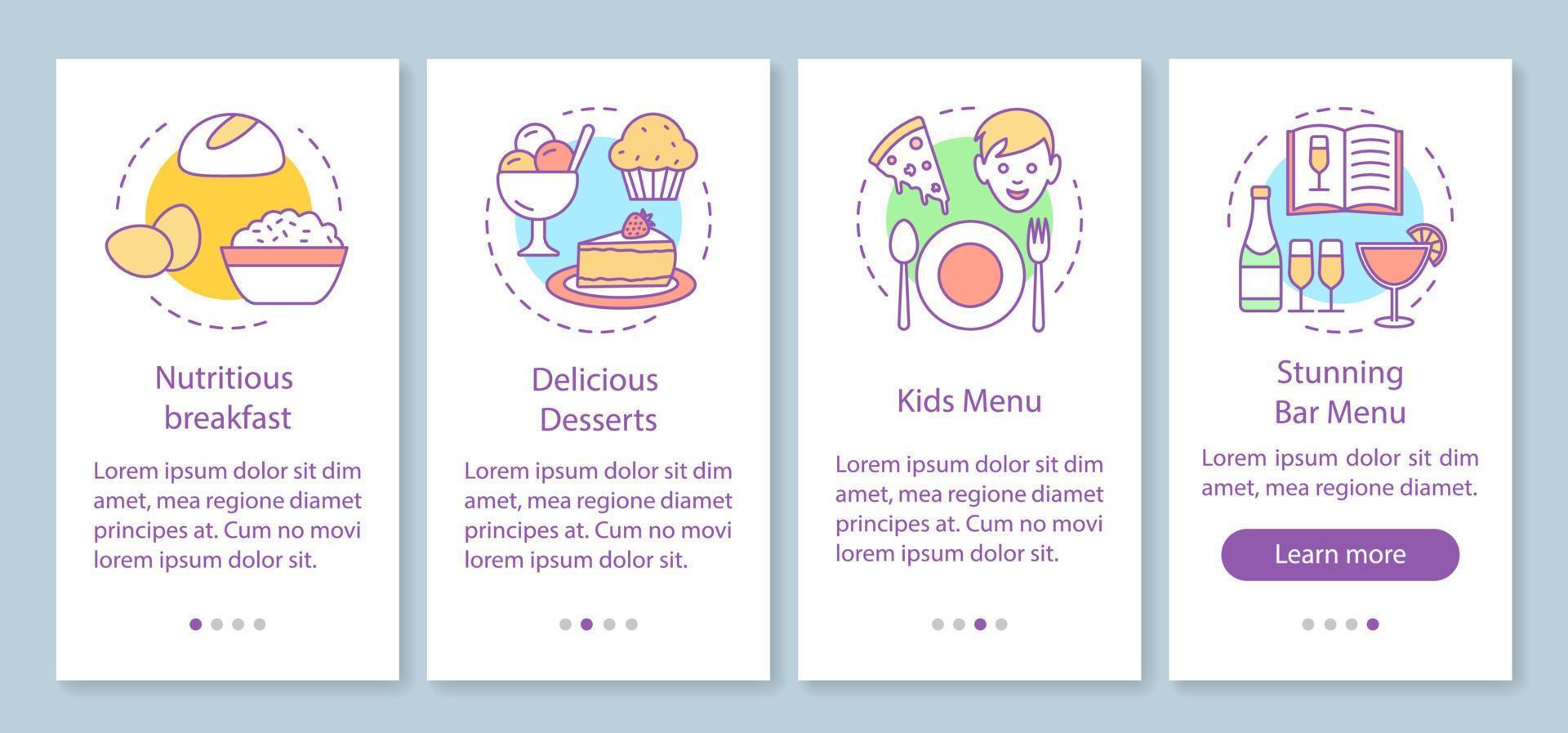 plantilla de vector de pantalla de página de aplicación móvil de incorporación de servicio de alimentos. menú del restaurante. café familiar. paso a paso del sitio web con ilustraciones lineales. ux, ui, concepto de interfaz de teléfono inteligente gui