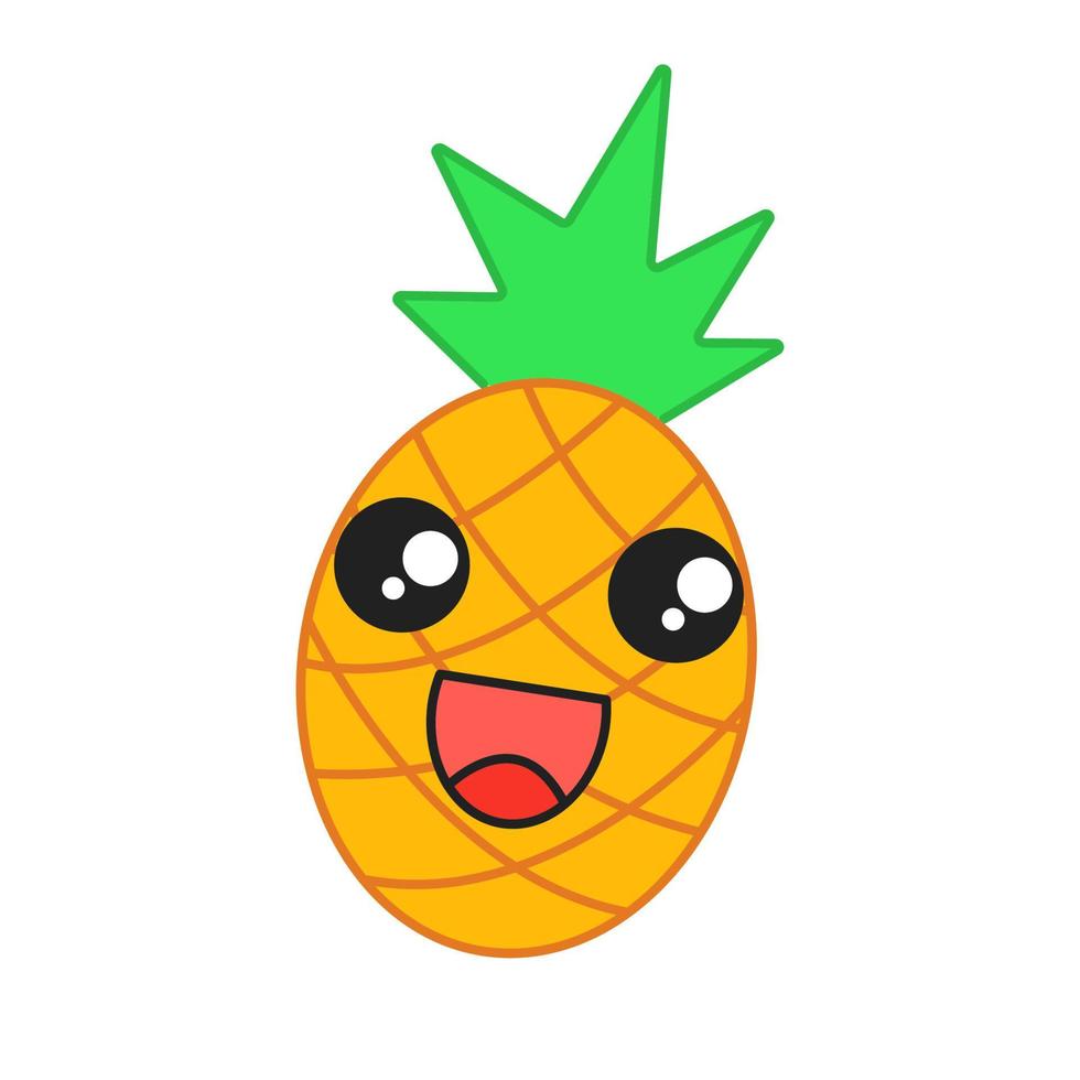 Pineapple cute kawaii vector character. Happy and excited fruit with smiling face. Laughing food. Funny emoji, emoticon, smile. Isolated cartoon color illustration