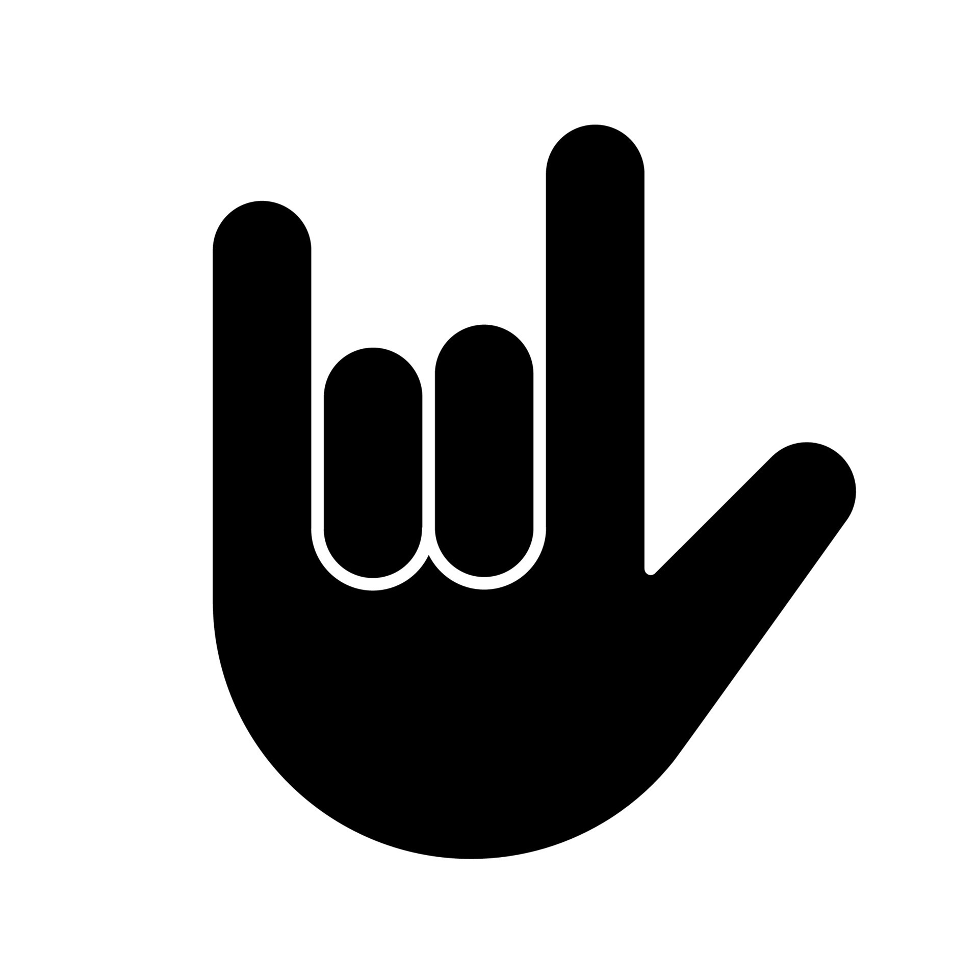 Love you hand gesture glyph icon. Silhouette symbol. Rock on. Horns
