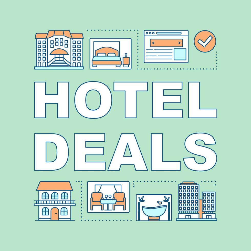 Hotel deals word concepts banner. Room reservation, apartment booking. Room amenities. Presentation, website. Isolated lettering typography idea with linear icons. Vector outline illustration