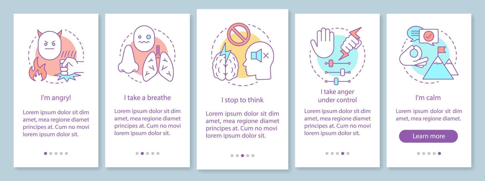 plantilla de vector de pantalla de página de aplicación móvil de incorporación de gestión de ira. Formas de controlar las emociones negativas. paso a paso del sitio web con ilustraciones lineales. ux, ui, concepto de interfaz de teléfono inteligente gui