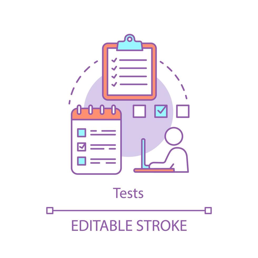 Tests concept icon. Examination paper idea thin line illustration. Student takes exam at school, university. Knowledge verification at work, test task. Vector isolated outline drawing. Editable stroke