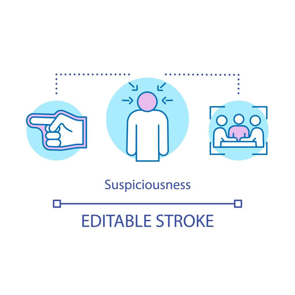 Suspiciousness concept icon. Mistrust idea thin line illustration. Threat of imprisonment. Nervous tension, panic. Criminal investigation. Vector isolated outline drawing. Editable stroke