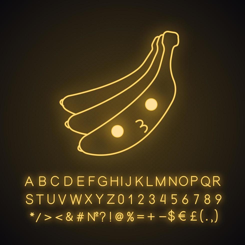 Banana cute kawaii neon light character. Fruit with smiling face. Happy food. Funny emoji, emoticon, kiss. Glowing icon with alphabet, numbers, symbols. Vector isolated illustration