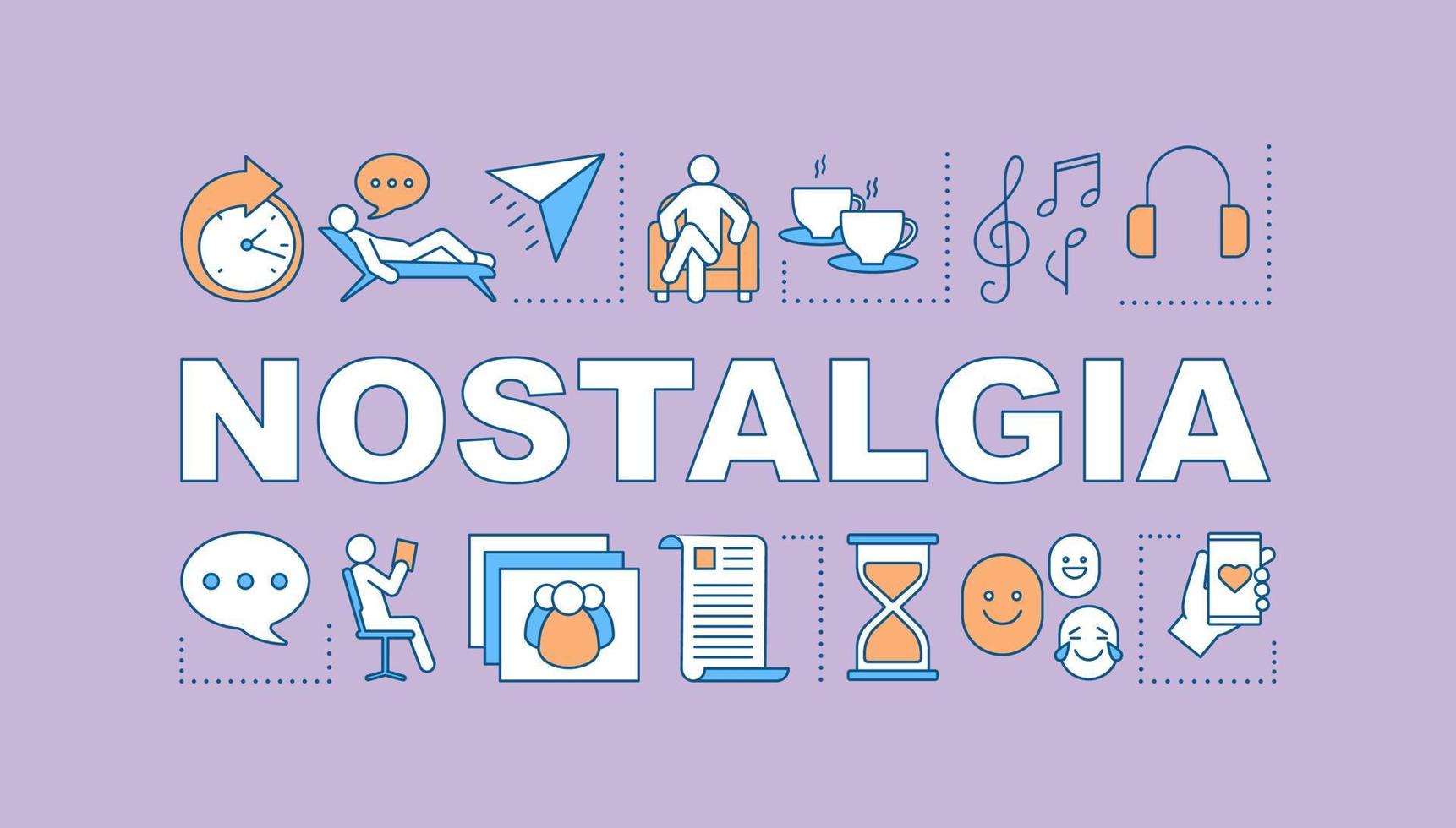 Nostalgia word concepts banner. Missing home. Wasting time, procrastination. Sadness feeling. Presentation, website. Isolated lettering typography idea, linear icons. Vector outline illustration