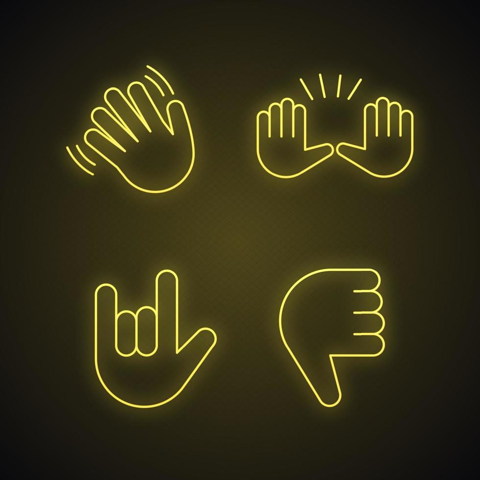 Hand gesture emojis neon light icons set. Hello, goodbye, stop, love you, disapproval gesturing. Waving and raising hands, thumbs down, rock on glowing signs. Vector isolated illustrations