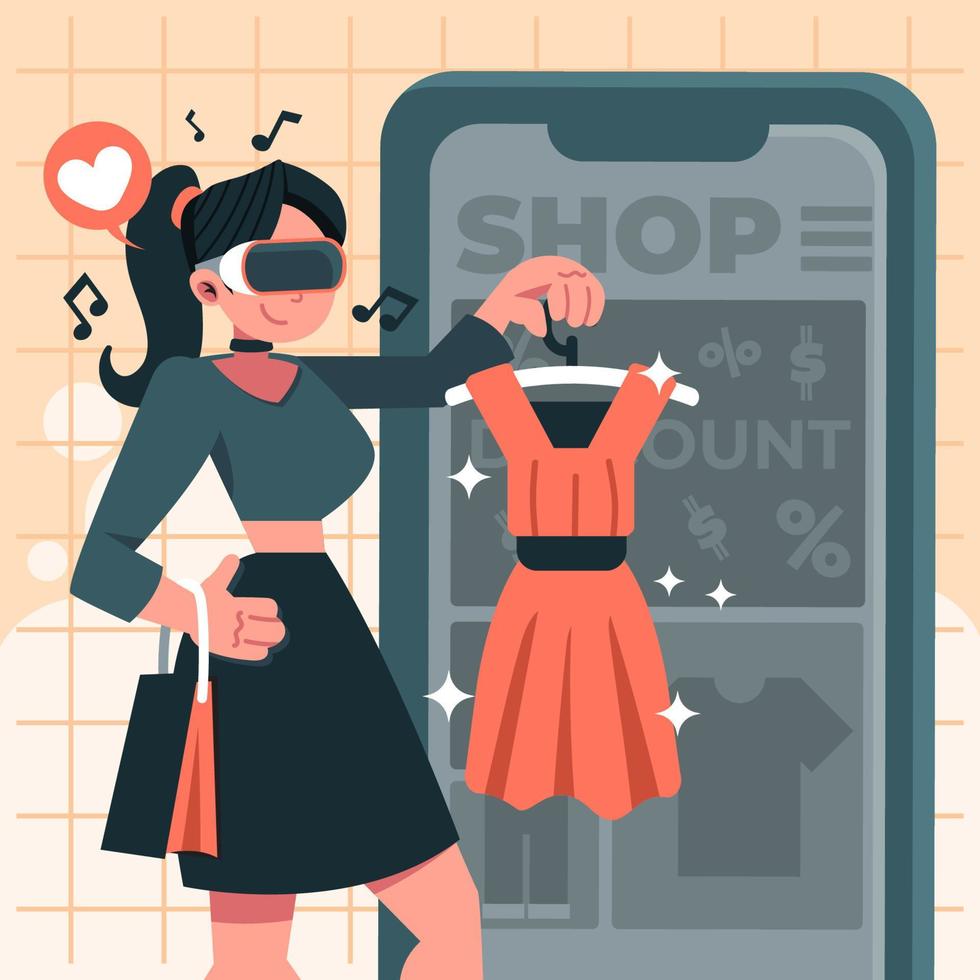 Choosing Dress in Online Shop with VR vector