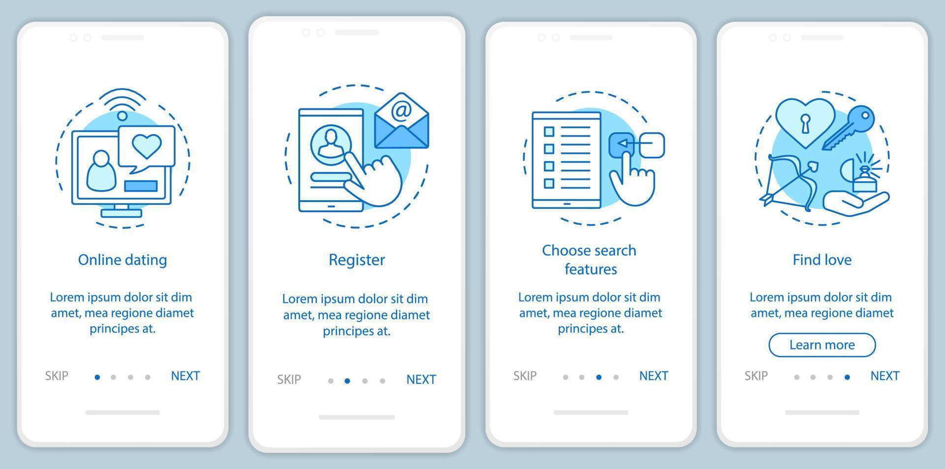 plantilla de vector de pantalla de página de aplicación móvil de incorporación de citas en línea. regístrese, elija funciones de búsqueda, encuentre instrucciones de sitios web de amor con ilustraciones lineales. ux, ui, concepto de interfaz de teléfono inteligente gui