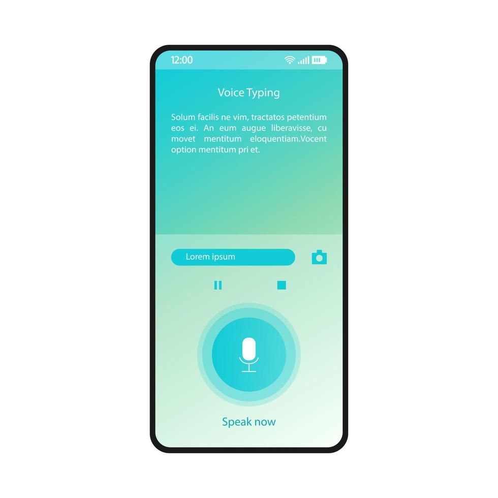 Voice typing smartphone interface vector template. Mobile utility app page blue design layout. Speech to text converter screen. Audio type application flat gradient UI. Speak now button phone display