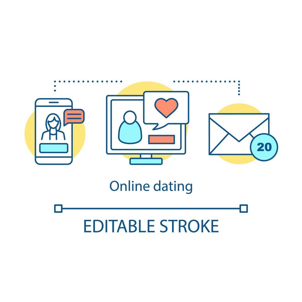Online dating concept icon. Find love service idea thin line illustration. Female account on smartphone. Computer with male profile. Romantic chat. Vector isolated outline drawing. Editable stroke