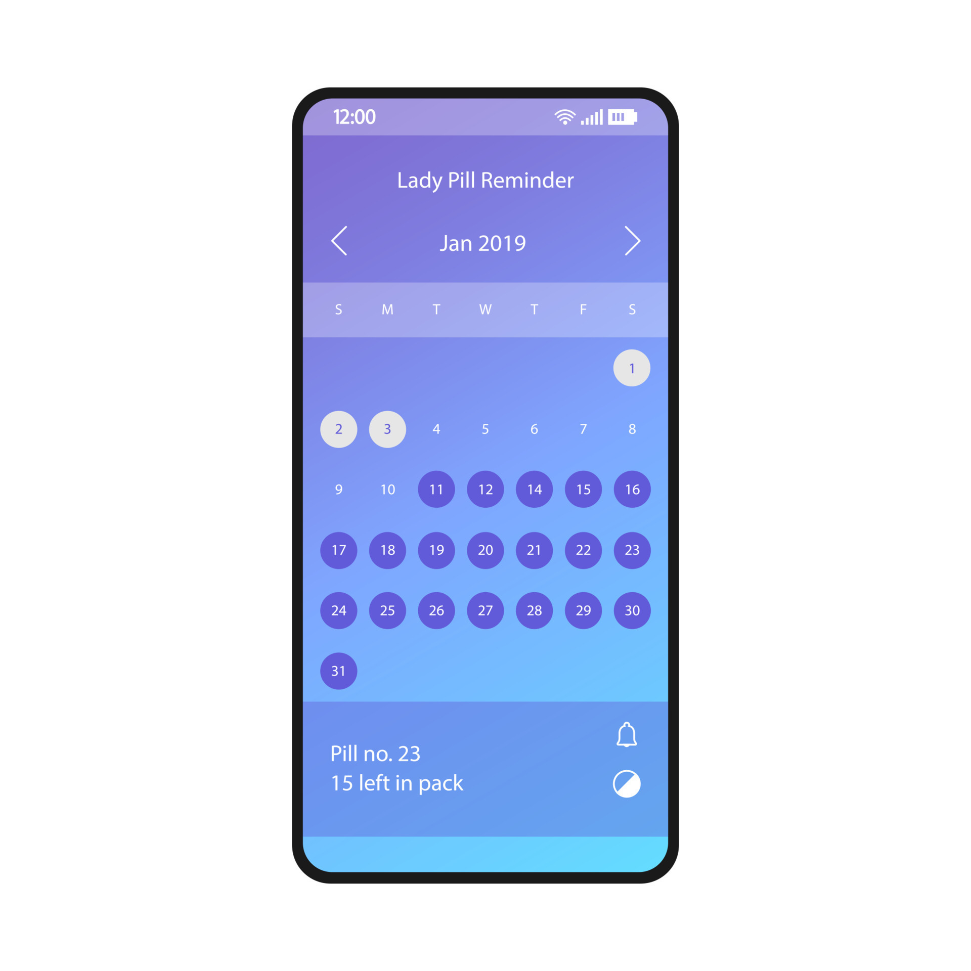Lady pill reminder app mobile interface vector template. Smartphone