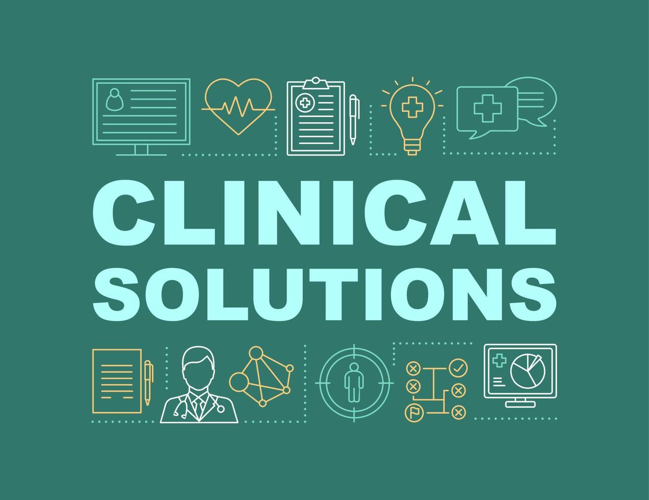 Clinical solution word concepts banner. Medical treatment. Diagnostics, examination. Presentation, website. Isolated lettering typography idea, linear icons. Case history. Vector outline illustration